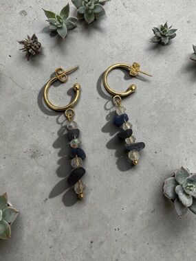 Hand Crafted Gold Hoops with Navy Blue Stone & Clear Crystal Drops